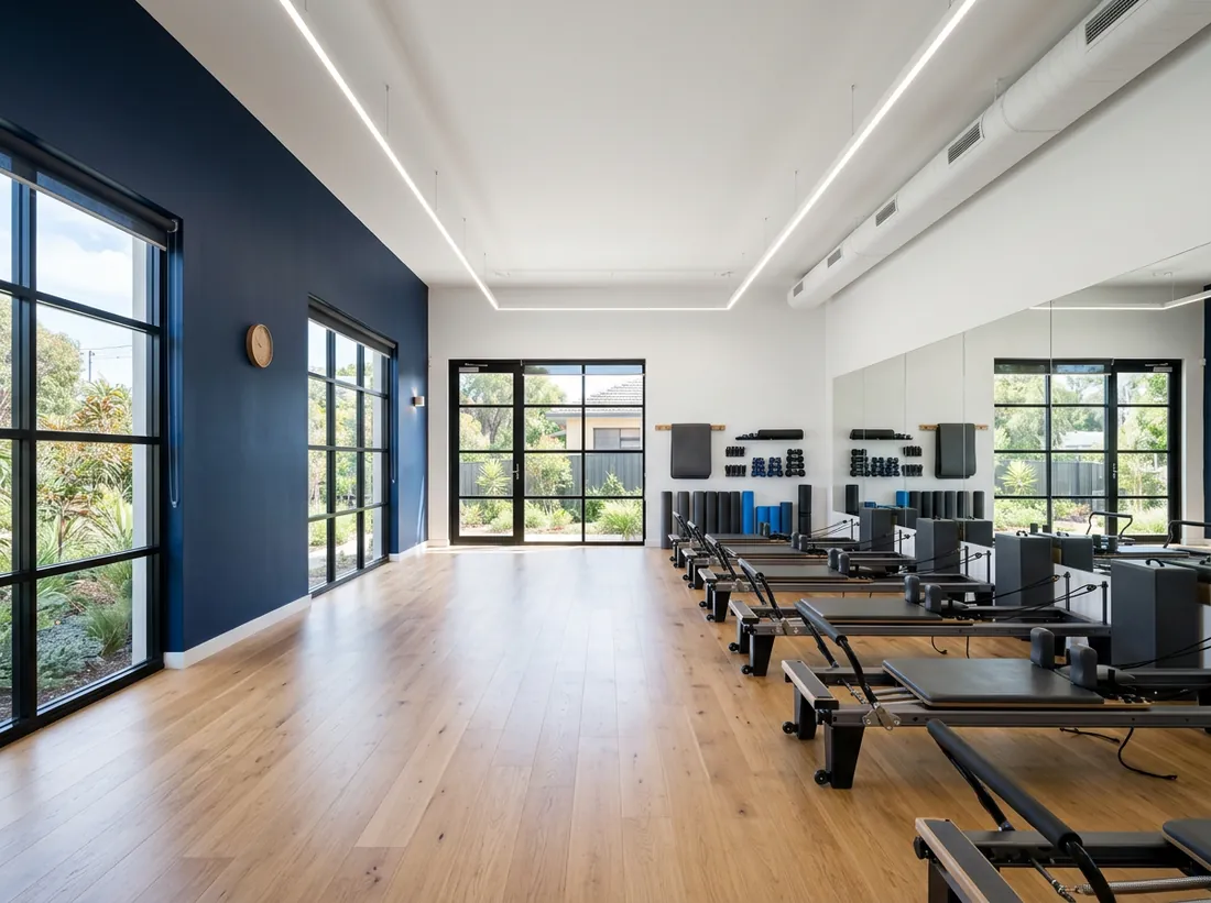 Completed boutique fitness studio fit-out with light timber floor, navy feature wall and neatly arranged equipment.