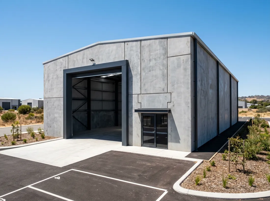 Newly built industrial warehouse unit with precast concrete panels and a fresh concrete apron in an outer Perth estate.