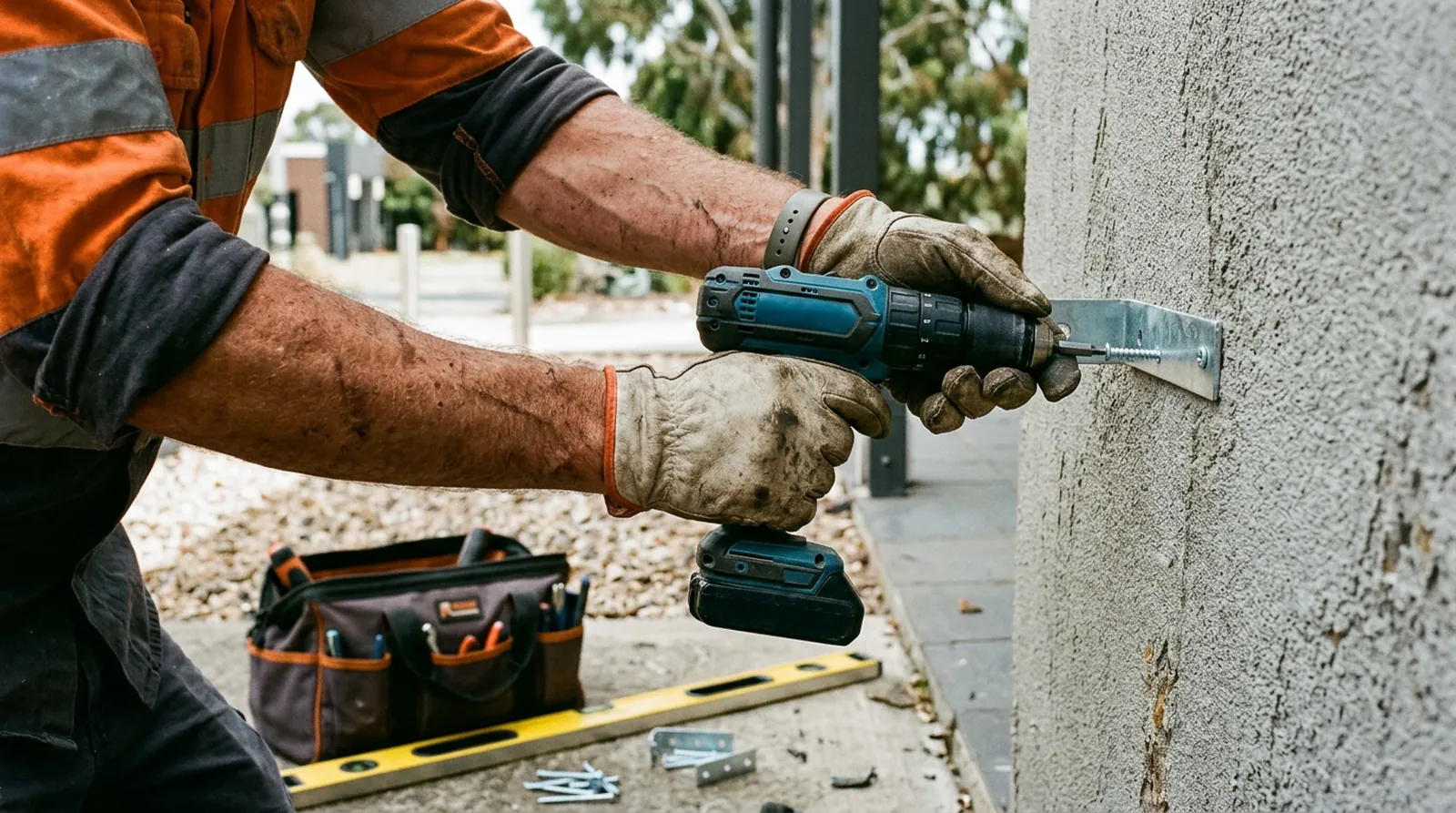 Tradesperson fixing a metal bracket to a rendered wall with a cordless drill, with tools laid out on the ground.