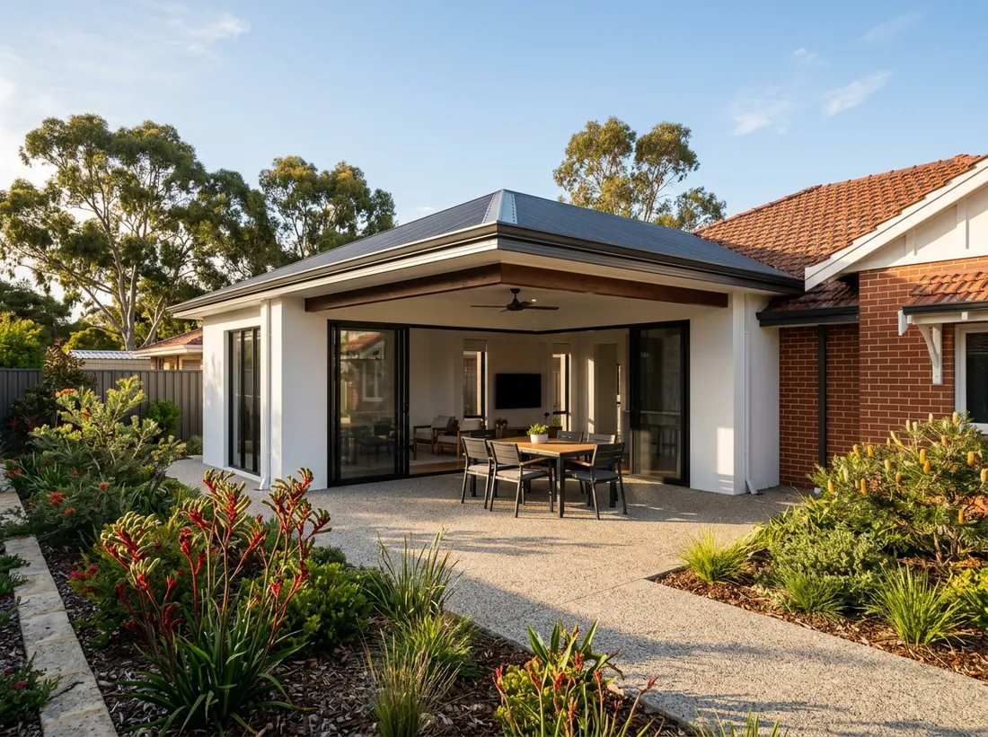 Completed rear extension on a Perth brick and tile home with an alfresco area and native garden.