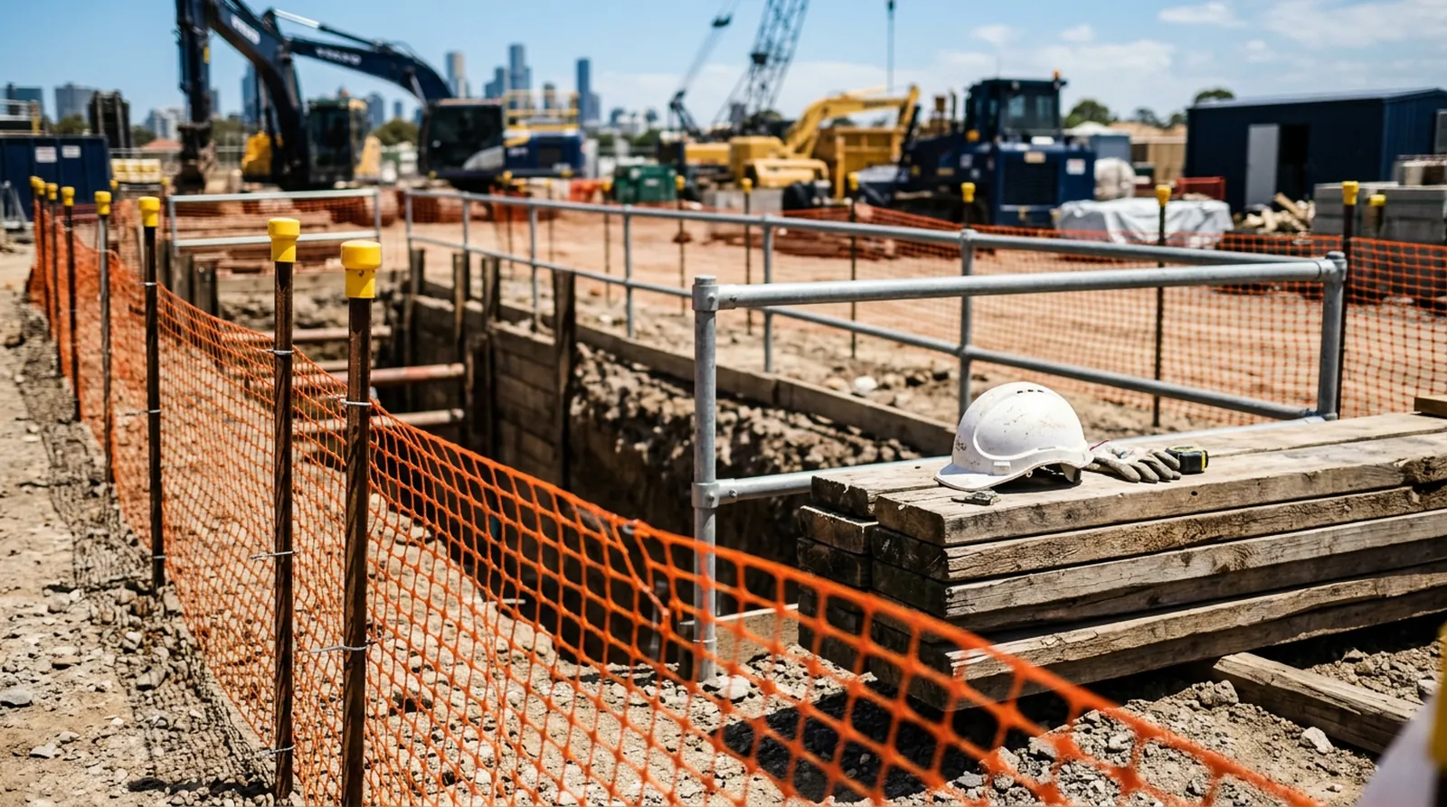 Orange mesh safety fencing and edge protection around an open trench on an Australian construction site, with a hard hat resting on timber.
